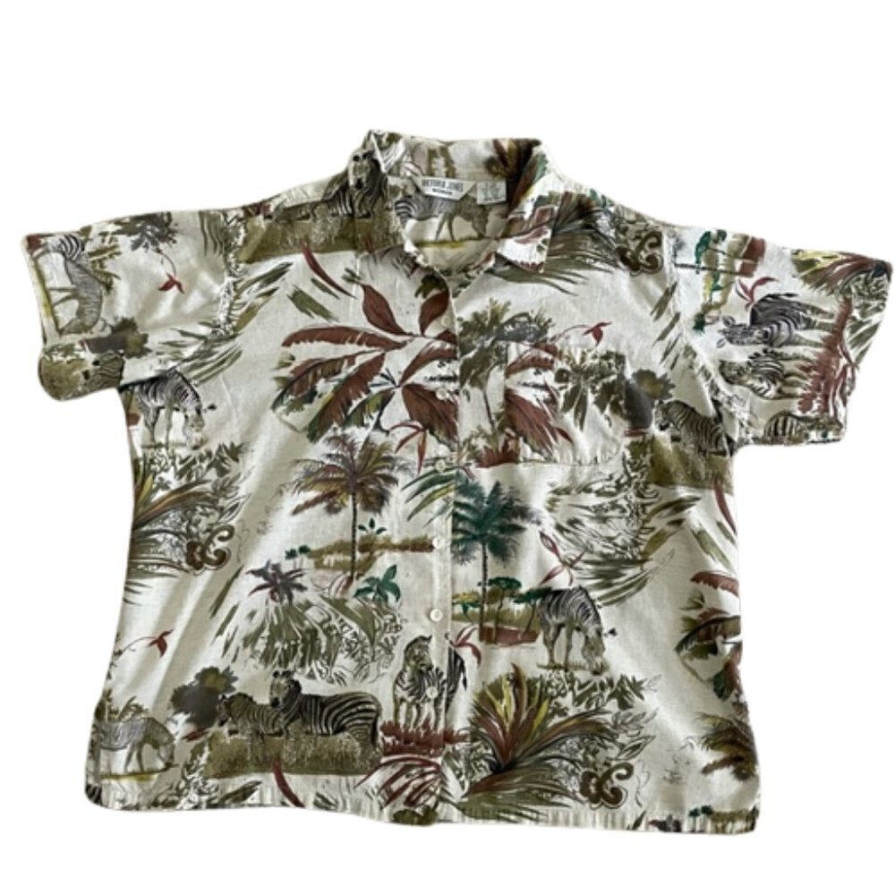 Vintage Safari Wildlife Animal Print Victoria Jones Linen blend Shirt Zebra 2x